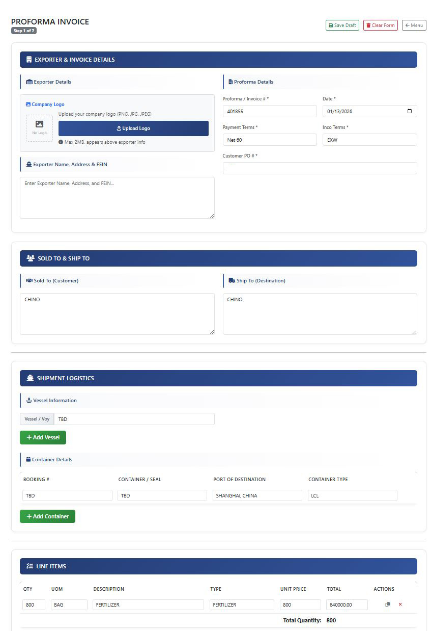 Proforma Invoice Entry