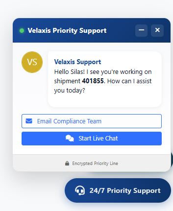 Velaxis Priority Support Chat